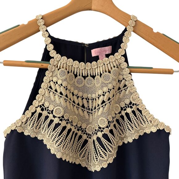 Lilly Pulitzer Navy Blue Silver Lace Embroidered Sleeveless Short Shift Dress 4 - Picture 6 of 7